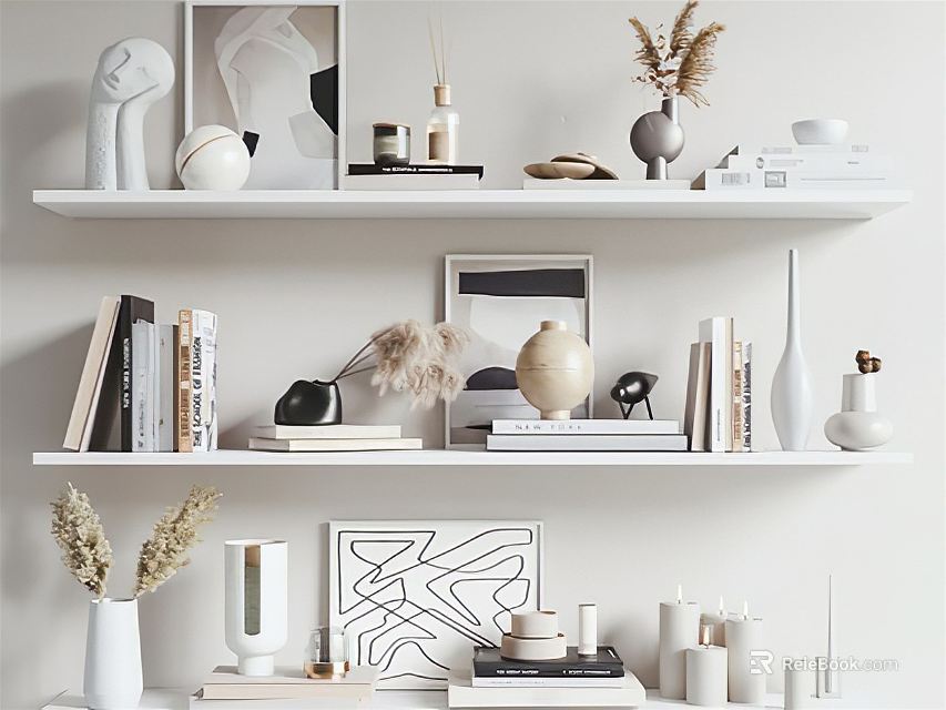 Decorative Ornament Set on White Shelves With Artworks Vases Books And Candles 3d model 