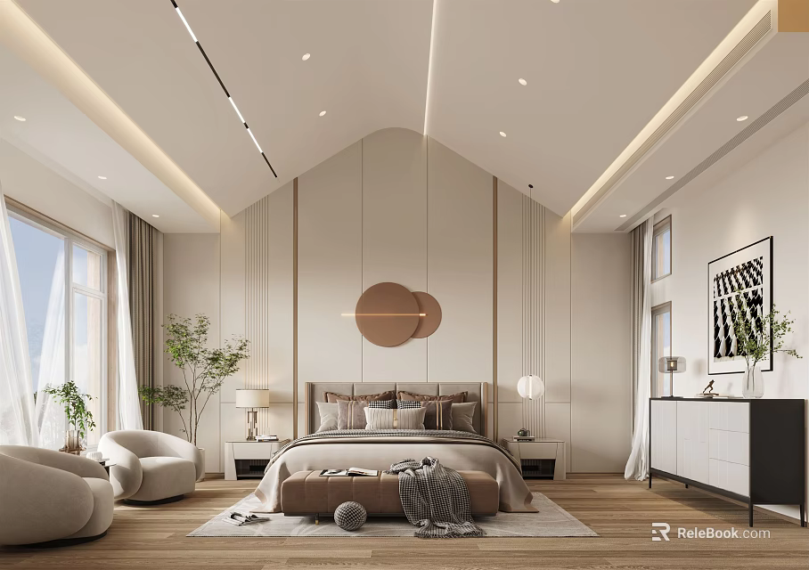 Modern Bedroom Interior With Bed Circular Mirror Bedside Tables And Lighting 3d model 