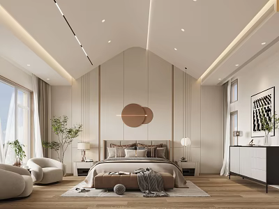 Modern Bedroom Interior With Bed Circular Mirror Bedside Tables And Lighting 3d model