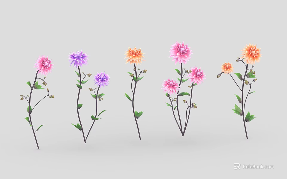 Beautiful Multicolored Flowers With Pink Purple Orange Blooms And Green Leaves 3d model 
