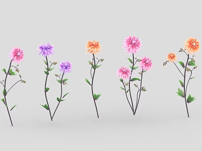 Beautiful Multicolored Flowers With Pink Purple Orange Blooms And Green Leaves 3d model