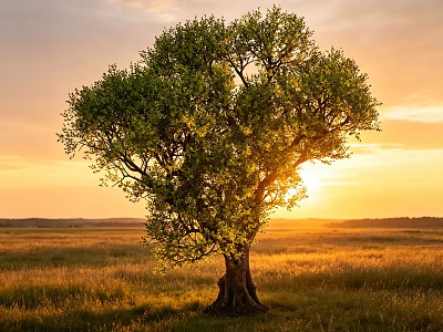 Lone Arbor Standing In Grassland With Sunlight Through Foliage Under Golden Sunset Sky 3d model
