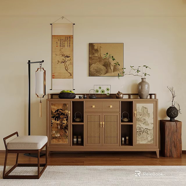 Modern Chinese Wooden Entryway Cabinet And Side Cabinet With Decorative Paintings Vase Lantern 3d model 