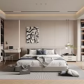 Modern Bedroom Interior With Comfortable Bed Decorative Artwork Desk And Bookshelves