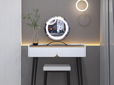 Modern Dressing Table With White Countertop Black Legs Round Mirror Stool And Green Plant 3d model