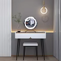 Modern Dressing Table With White Countertop Black Legs Round Mirror Stool And Green Plant