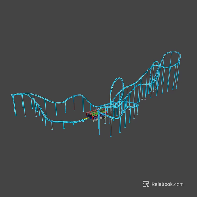 Amusement Park Roller Coaster with Curved Tracks Support Pillars and Colorful Carriages 3d model 