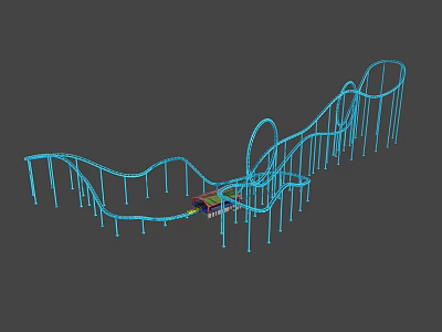 Amusement Park Roller Coaster with Curved Tracks Support Pillars and Colorful Carriages 3d model