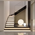 Modern Staircase Interior With Glass Railing Step Lighting And Sphere Lamps 3d model