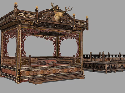 Traditional Chinese Carved Wooden Bed With Intricate Designs And Ornate Side Railings 3d model
