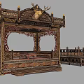 Traditional Chinese Carved Wooden Bed With Intricate Designs And Ornate Side Railings