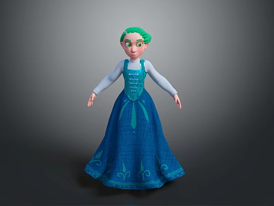 Animated Game Character With Green Hair Blue Long Dress White Sleeves And Decorative Patterns 3d model