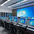 Professional Control Room Setup With Multiple Computer Monitors And Large Display Screen 3d model
