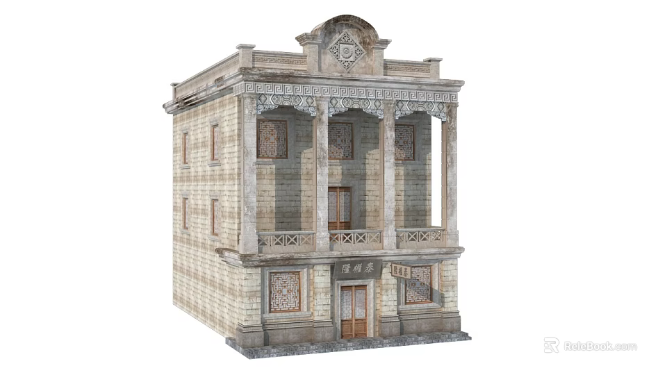 European Style Commercial Complex With Ornate Carvings Stone Columns And Balcony 3d model 