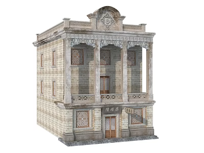 European Style Commercial Complex With Ornate Carvings Stone Columns And Balcony 3d model