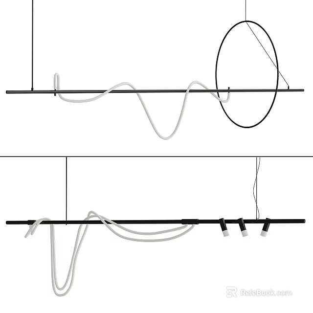 Modern Chandelier Design With Black Bar White Wavy Lines Circular Element And Lamp Heads 3d model 