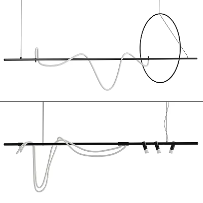 Modern Chandelier Design With Black Bar White Wavy Lines Circular Element And Lamp Heads 3d model