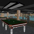 Spacious Billiard Room Interior With Multiple Tables Hanging Lights And Decorative Posters 3d model