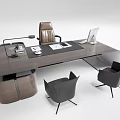 Modern Dark Wooden Office Desk And Chair Set With Desk Lamp Laptop Office Supplies