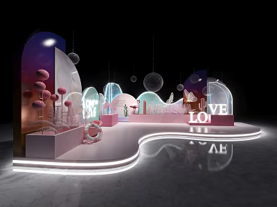 Modern Elegant Photo Spot With Curved Structures Hanging Spheres Love Letters And Soft Lighting 3d model