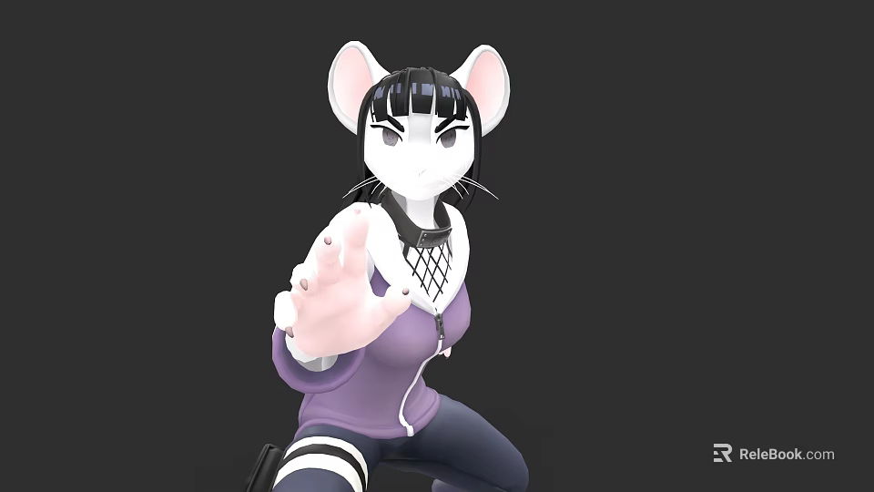 Cartoon Mouse With Big Ears Black Short Hair Purple Jacket Mesh Choker Reaching Hand 3d model 