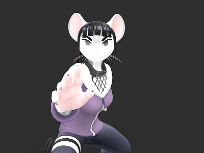 Cartoon Mouse With Big Ears Black Short Hair Purple Jacket Mesh Choker Reaching Hand 3d model