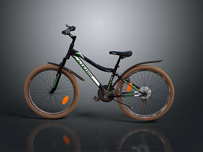 Black And Green Rockrider Mountain Bike With Brown Tires And Orange Reflectors 3d model
