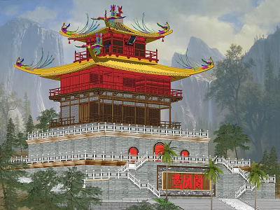 Traditional Chinese Ancient Architecture With Multi Story Red Yellow Decorative Roof And Mountain Surroundings 3d model