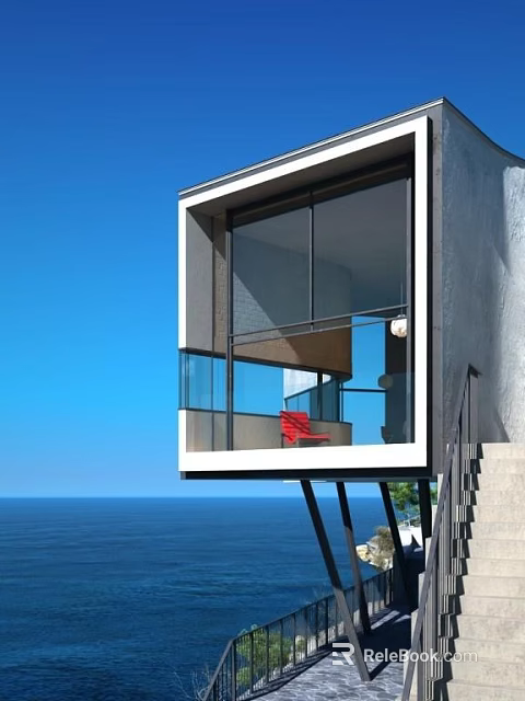 Modern Cantilevered Cliff House With Large Glass Windows Ocean View And Red Chair 3d model 
