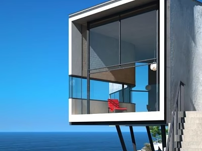 Modern Cantilevered Cliff House With Large Glass Windows Ocean View And Red Chair 3d model