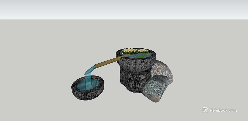 Garden Ornament With Stone Basin Flowing Water Water Lilies And Decorative Stones 3d model 