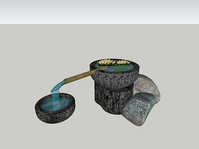 Garden Ornament With Stone Basin Flowing Water Water Lilies And Decorative Stones 3d model