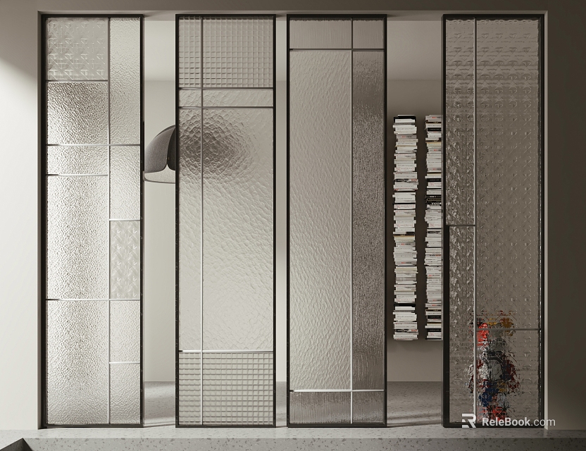 Modern Textured Glass Partition Design For Contemporary Interior With Black Frame And Decorative Patterns 3d model 