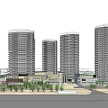 Modern High Rise Office Building Complex With Urban Plaza And Green Landscaping