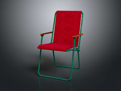 Folding Leisure Chair With Red Cushioned Seat Green Metal Frame And Wooden Armrests 3d model
