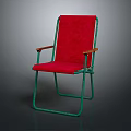Folding Leisure Chair With Red Cushioned Seat Green Metal Frame And Wooden Armrests