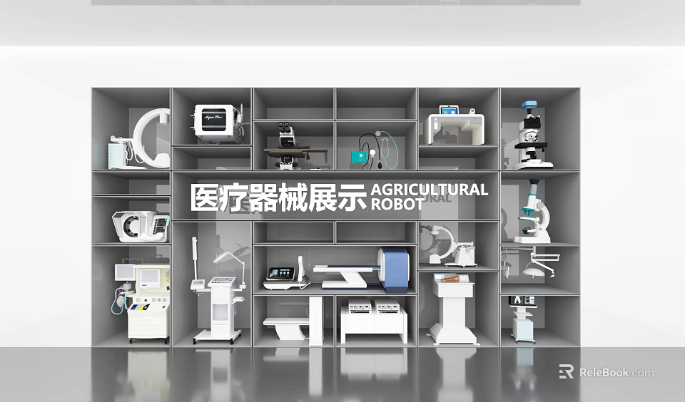 Medical Devices and Agricultural Robot Display on Organized Shelves with Equipment 3d model 