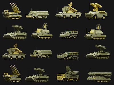 Multiple Types of Military Weapon Vehicles Including Launchers and Armored Platforms 3d model