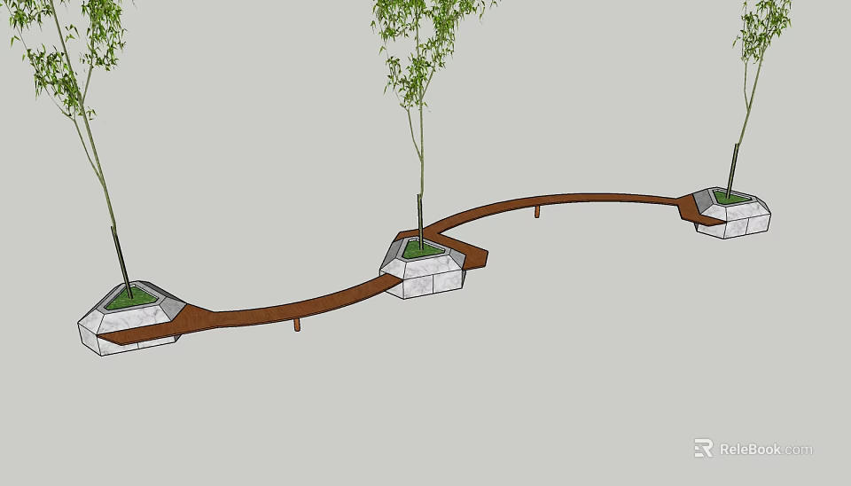 Stylish Outdoor Chair Design Featuring Curved Wooden Path And Green Trees In Garden 3d model 