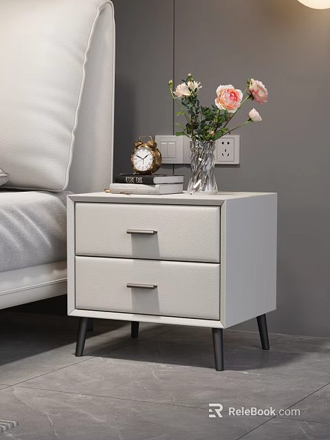 White Two Drawer Nightstand With Metal Handles Alarm Clock Books And Flowers In Bedroom 3d model 