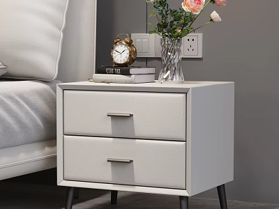 White Two Drawer Nightstand With Metal Handles Alarm Clock Books And Flowers In Bedroom 3d model