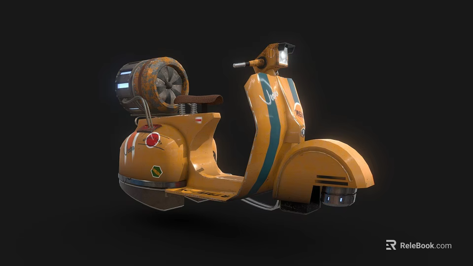 Yellow Vintage Motorcycle With Blue Stripes Stickers Rear Wheel And Barrel 3d model 