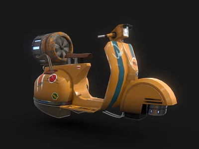 Yellow Vintage Motorcycle With Blue Stripes Stickers Rear Wheel And Barrel 3d model