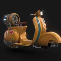 Yellow Vintage Motorcycle With Blue Stripes Stickers Rear Wheel And Barrel