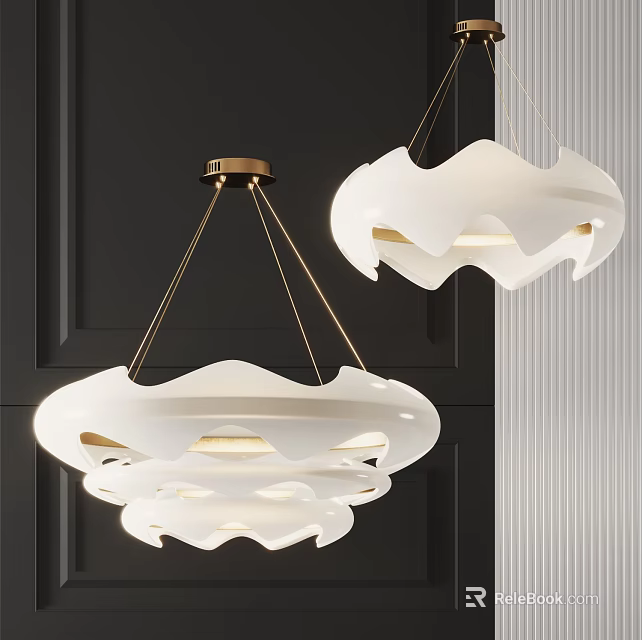 Modern Chandelier With Scalloped White Shade And Gold Metal Hanging Frame 3d model 