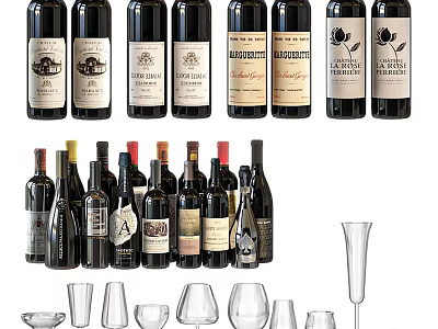 Collection of Assorted Labeled Wine Bottles and Different Shaped Wine Glasses 3d model