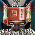 Elegant Hotel Mahjong Room Interior With Chinese Mural Chandelier Decorative Chairs And Patterned Floor