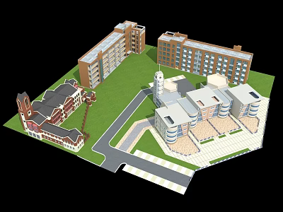 Campus With Different Architectural Style Buildings Red Brick Modern Clock Tower Green Lawn And Road 3d model