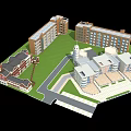 Campus With Different Architectural Style Buildings Red Brick Modern Clock Tower Green Lawn And Road