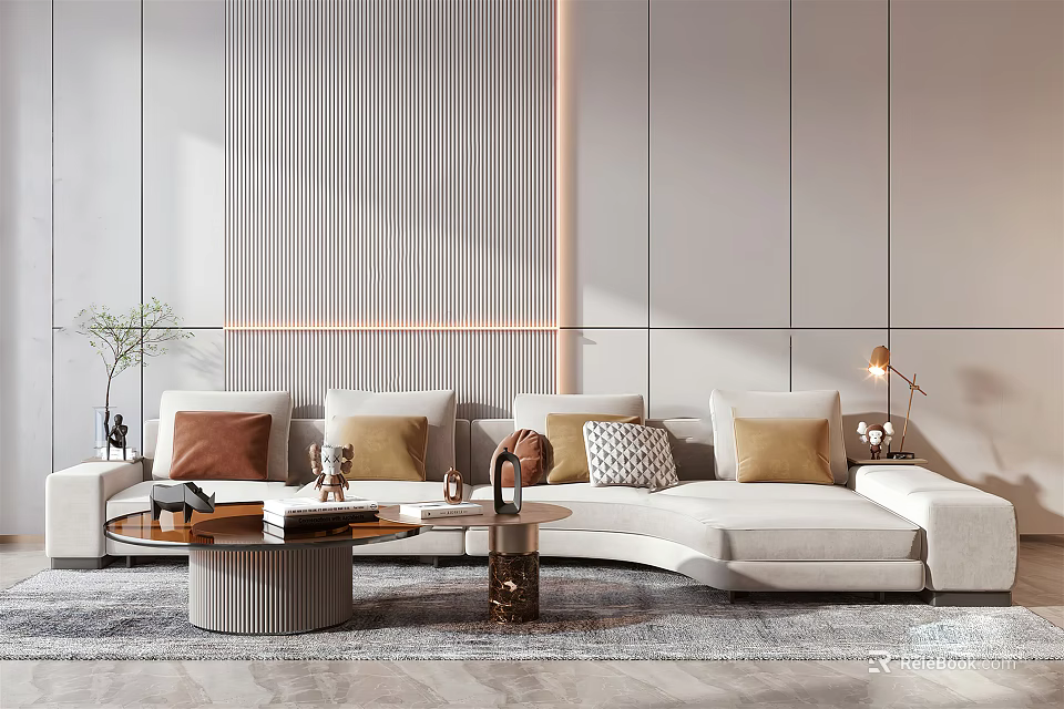 Modern Living Room Interior With Sectional Sofa Decorative Pillows And Round Coffee Table 3d model 